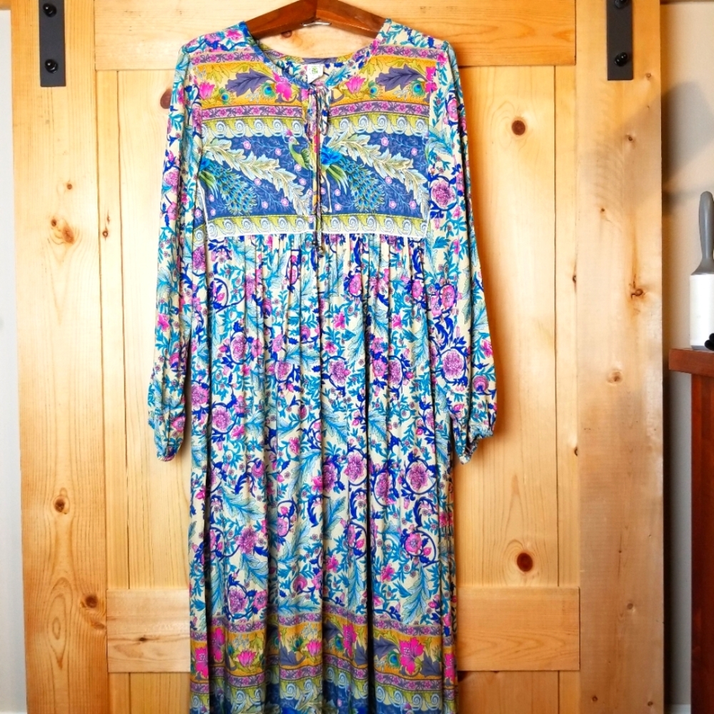 This & That Boho Peacock Floral Long Sleeve Pull On Oversized Maxi Dress